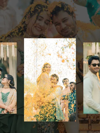 An artistic collage mixing romantic portraits with the fun of the flower shower.