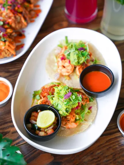 A vibrant plate of shrimp tacos with fresh guacamole and salsa. The bright, natural lighting and colorful ingredients make this dish look incredibly fresh and perfect for a summer menu.