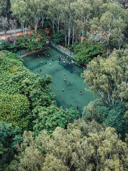 An aerial view of one of our sports fields, completely surrounded by a thick, green forest.