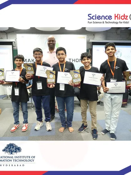 The junior division 1st prize winners at the IIIT Hyderabad make-a-thon. This team of five students collaborated to build an outstanding project focused on sustainability through technology.