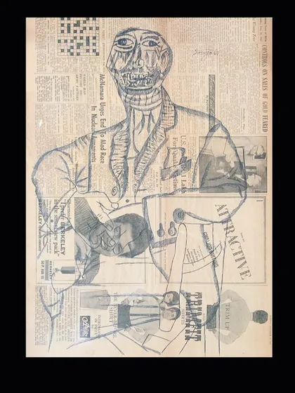 Titled 'Gentlemen', this 1967 pen and ink on newspaper by F. N. Souza showcases his powerful and often unsettling style. Souza's violent distortions of the visual world force the viewer to engage with the passions and fears he explores. This piece was previously exhibited at the All India Kalidas Samaroh.