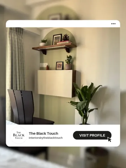 A promotional shot showcasing a cozy corner with a floating cabinet and a sage green arched accent wall, representing our signature minimalist and aesthetic style.