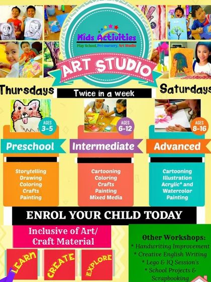 This chart details our structured art programs for different age groups, from Preschool to Advanced. We offer everything from storytelling and drawing for the little ones to acrylic and watercolor painting for older students.