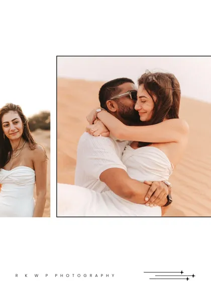 A creative collage combining a solo portrait of the bride with a romantic embrace, capturing both individual elegance and couple chemistry.