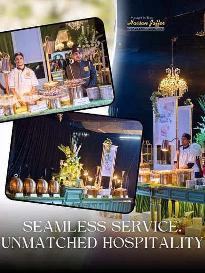 Seamless service, unmatched hospitality. This collage shows our team in action, from the buffet line to the dessert counter, always ready to serve with a smile.