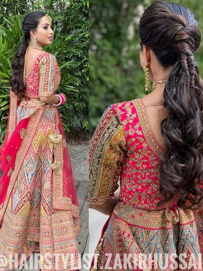 An intricate and unique ponytail with a twisted, knotted design. This style is perfect for a bride who wants something modern and different for her pre-wedding celebrations.