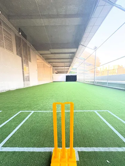 The golden hour glow on my indoor cricket pitch. The wickets are set, the turf is perfect. It’s a calm moment before the storm of an exciting match begins.