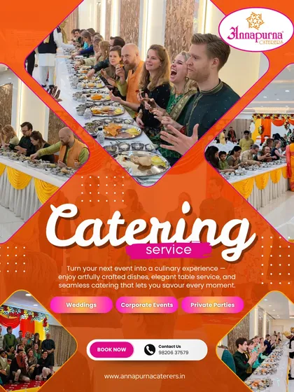This is a promotional graphic for our catering services. It showcases our versatility for different events like weddings, corporate functions, and private parties, with images of guests enjoying a traditional sit-down meal.