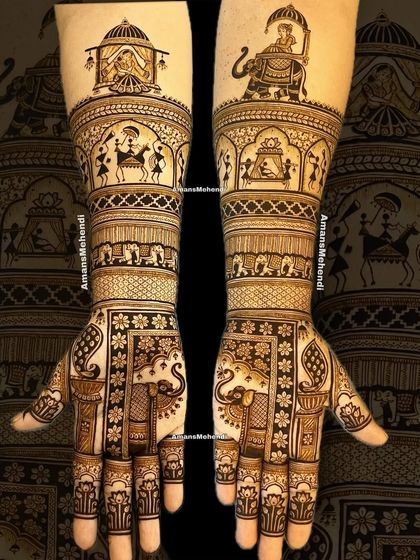 A unique bridal design combining traditional motifs with Warli art. The design features a groom on an elephant, a bride in a doli, and borders of dancing Warli figures.