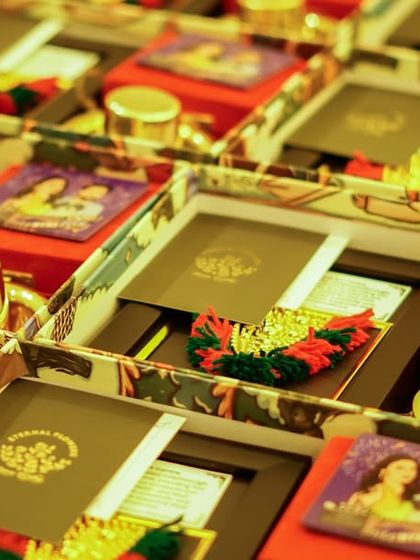 An array of the wedding return hampers, showcasing the beautiful and consistent packaging for a large event.