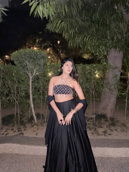 A full-length shot showing the complete indo-western look, perfect for someone who loves to experiment.