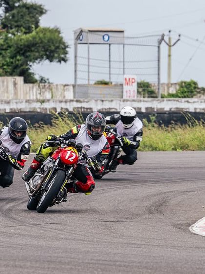 Intense wheel-to-wheel action during the RE GT Cup Zonal Qualifiers in Coimbatore. We coach riders to handle these high-pressure situations with skill and confidence.