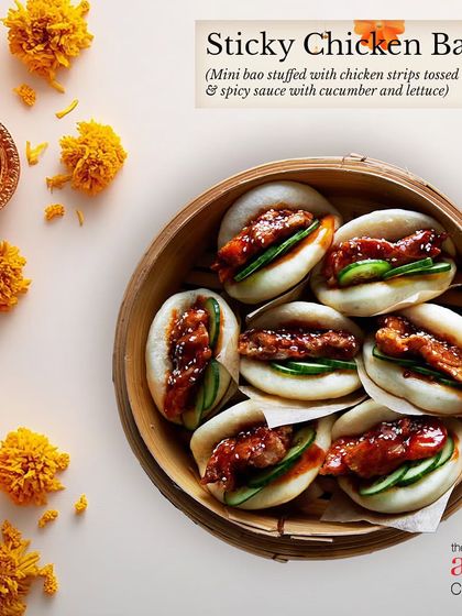 Our Sticky Chicken Bao is a perfect appetizer for a festive gathering like Diwali. These mini baos are stuffed with sweet and spicy chicken strips.