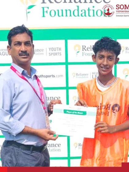 Shaurya Mungekar receives his Player of the Match certificate for his performance in the RFYS U-15 Tournament.