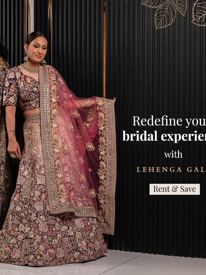 Redefine your bridal experience with this stunning wine-colored velvet lehenga. The rich fabric and detailed embroidery make it a luxurious rental choice.