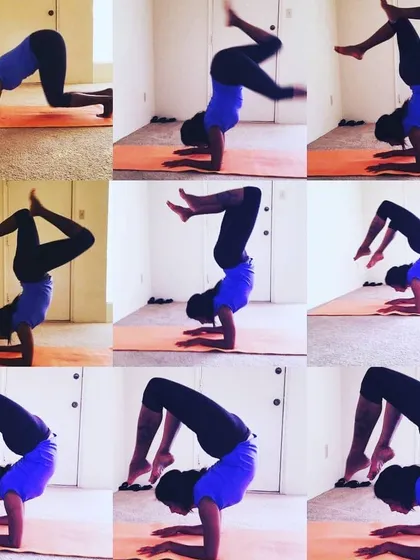 This collage shows the step-by-step progression into Vrischikasana (Scorpion Pose). It is a testament to the principle that we should not give up; with consistent practice, we can overcome challenges and defeat our perceived limitations.
