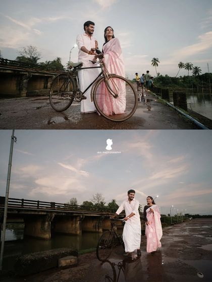 A retro themed pre-wedding shoot with a vintage bicycle on a village bridge. The beautiful sunset sky adds a layer of romance to the scene.