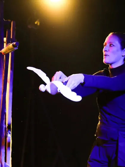 The puppeteer of 'Wings & Roots' holds a white dove puppet, the central figure in this evocative story about a search for peace.