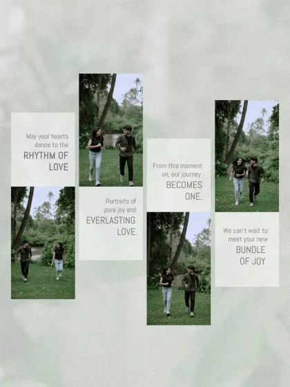A creative collage of the couple's pre-wedding shoot, with romantic quotes celebrating their journey to becoming one.