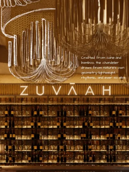 At Zuvaah, every material is a quiet storyteller. This image highlights the custom chandelier, crafted from cane and bamboo, which draws from nature's own geometry to create a rhythmic and organic form.