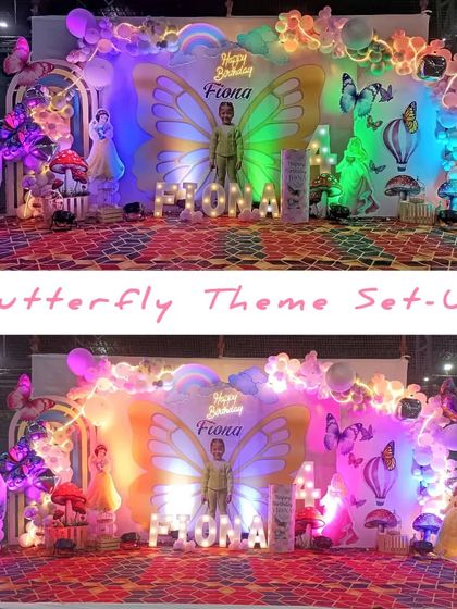 A collage showing the butterfly theme setup with different colorful lighting effects, demonstrating how lighting can change the mood.