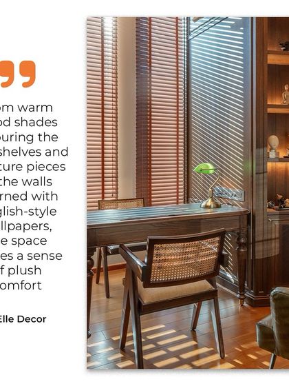 This quote from Elle Decor points out the English-style influences in the design. The warm wood bookshelves, vintage-style desk, and carefully chosen wallpapers all contribute to a sense of plush comfort and understated luxury.