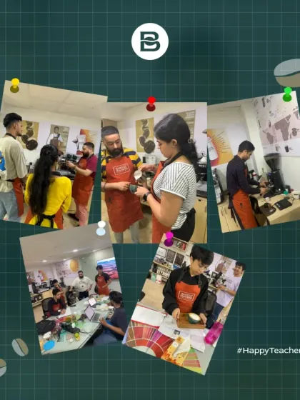 A collection of snapshots showing the hands-on nature of our workshops. Participants are actively engaged in brewing, tasting, and learning from our trainers.
