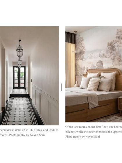 A press clipping showing two of our bedroom designs, one with a landscape mural and another with a serene, neutral palette.