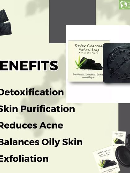 The benefits of our Detox Charcoal soap are clear. It helps with detoxification, skin purification, reducing acne, balancing oily skin, and gentle exfoliation.