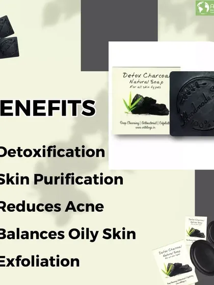 A breakdown of the benefits of our Detox Charcoal Soap. It's excellent for detoxification, skin purification, reducing acne, and balancing oily skin.