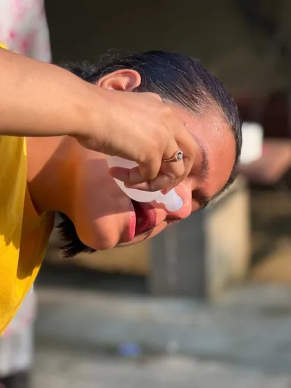 A close up of a student practicing Jal Neti. We teach this powerful technique in our workshops to help with sinus issues, allergies, and respiratory health.