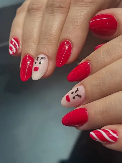 Another angle of the festive red and white Christmas nail art.
