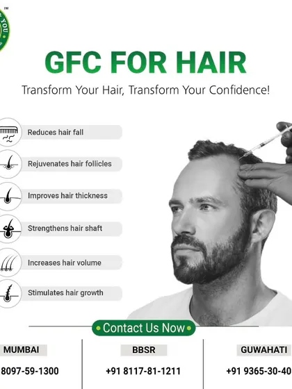 GFC therapy is a science-backed treatment that delivers multiple benefits. This graphic highlights how it reduces hair fall, rejuvenates follicles, improves hair thickness, and strengthens the hair shaft to give you fuller, healthier hair.