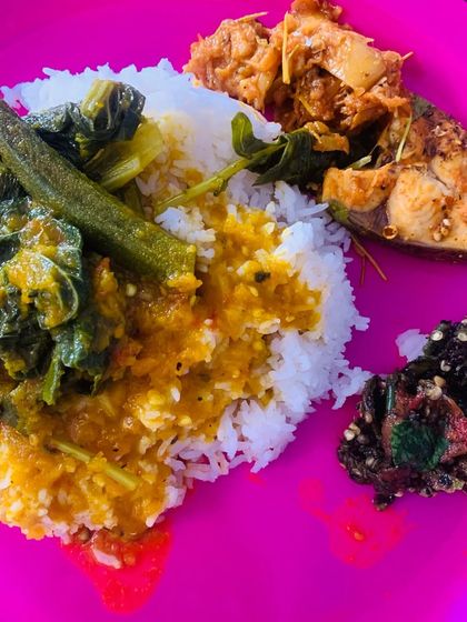 A full view of the fish thali, showing how the different colours and textures make the meal so appealing.