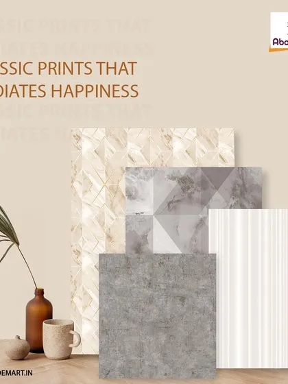 Our classic prints offer timeless appeal for any home. This image displays a sample of our versatile designs, including geometric marble, textured concrete, and simple stripes, all of which provide a foundation for beautiful interior design.