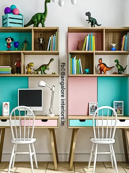 A colorful and fun dual study station for kids. We used pink and teal accents and provided each child with their own desk, drawers, and shelving, complete with dinosaur toys for inspiration.
