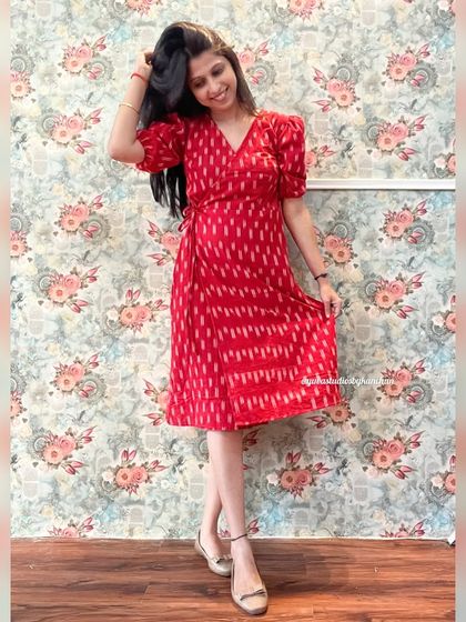 My red Ikat Angrakha, a perfect choice for feeling fierce and festive. The vibrant color and traditional pattern make it a standout piece.