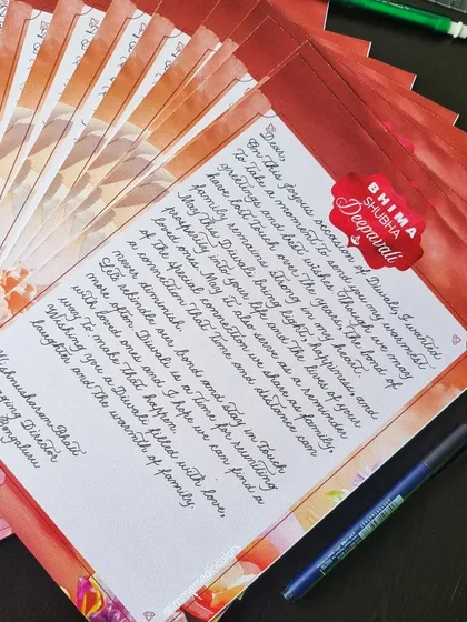 This was part of a large project for Bhima Jewelers, where I hand-lettered 50 personal notes for their Diwali campaign. I handle bulk orders for corporate communications, ensuring each piece still feels personal and heartfelt.