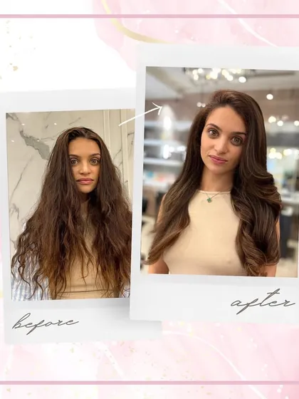 From long and frizzy to smooth and styled. This transformation highlights our ability to tame unruly hair and create a polished, healthy-looking style with a simple cut and blowout.