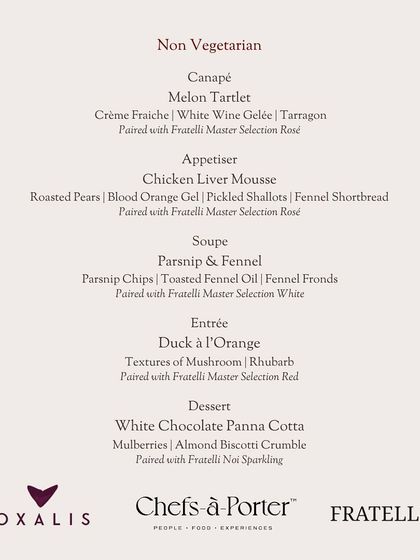 A festive non-vegetarian Christmas menu created for a collaboration. It includes luxurious dishes like Chicken Liver Mousse and Duck à l'Orange, each paired with a specific wine.
