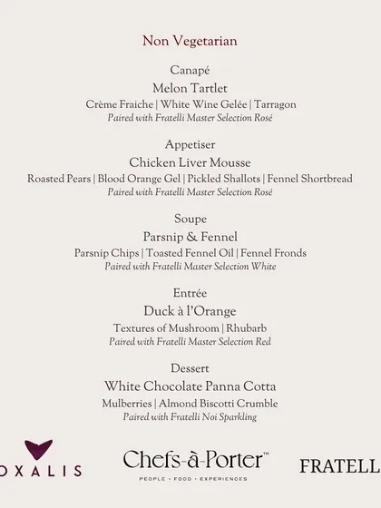 A festive non-vegetarian Christmas menu created for a collaboration. It includes luxurious dishes like Chicken Liver Mousse and Duck à l'Orange, each paired with a specific wine.