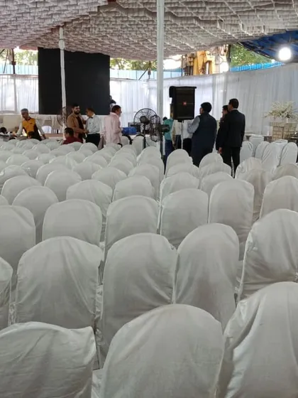 For corporate events or large gatherings, I provide bulk seating rentals. This image shows rows of chairs neatly arranged with clean white covers for a professional look.