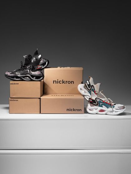 A product family shot showcasing different colorways of Nickron sneakers with their branded boxes, ideal for a catalogue or website banner.