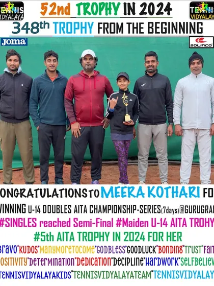 Congratulations to Meera Kothari for winning the U-14 Doubles AITA Championship Series in Gurugram. This was her 5th AITA trophy in 2024.