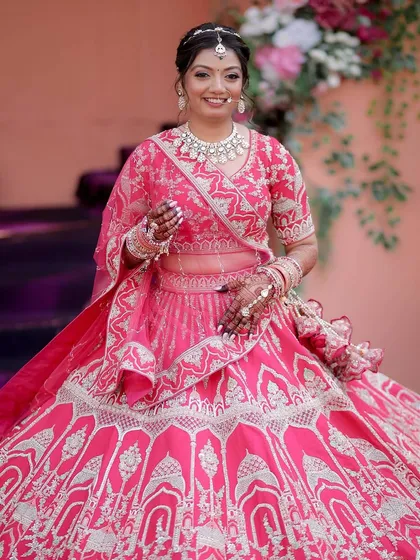 Different angles of my beautiful bride Hetvi, showcasing her traditional and elegant wedding look that perfectly complements her vibrant pink lehenga.