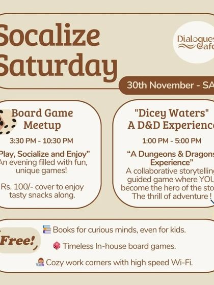 An event flyer for a "Socialize Saturday," featuring a board game meetup and a Dungeons & Dragons experience. We offer a variety of tabletop adventures.