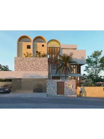 A rendering of our conceptual 'Belagavi Home', which embodies our 'Glocal' design approach. The design merges contemporary architectural language with vernacular elements like vaulted roofs and local stone, creating a home that is both modern and deeply rooted in its context.