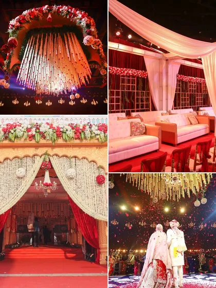 A collection of images showing my expertise in creating grand traditional decor. This includes everything from massive floral chandeliers over the mandap to opulent red and gold reception lounges and dramatic entryways.