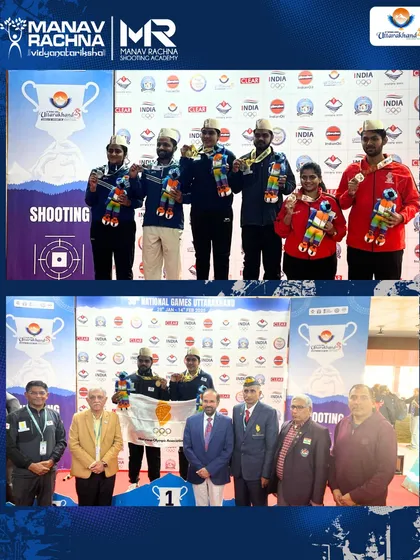 The official podium pictures from the 38th National Games, where our shooter Parmod (top left) secured the Gold Medal in the 10m Mixed Air Pistol Team Event.