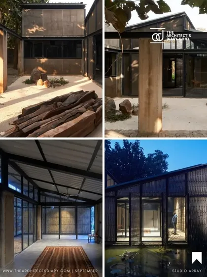 A collage showcasing different facets of the Artist Residency, from the interplay of concrete and reclaimed wood in the courtyard to the building's porous bamboo facade reflecting in the lily pond at dusk.